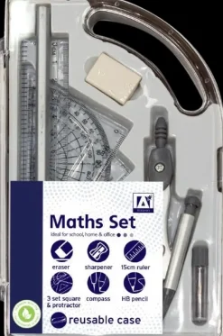 Matikkasetti, Sis. Pyyhekumi, Teroitin, Viivain, Harppi, Lyijykyna, Astelevy-/Kolmioviivaimet